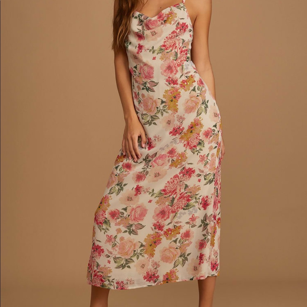 Lulus Sweet Invitation Beige Floral Print Cowl Neck Midi Dress